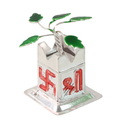 Miniature Tulsi plant idol with Mandir Kalash base, decorative home improvement item by Wukusy, featuring detailed craftsmanship.