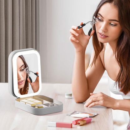 Travel Jewelry Case and Makeup Bag with LED Mirror