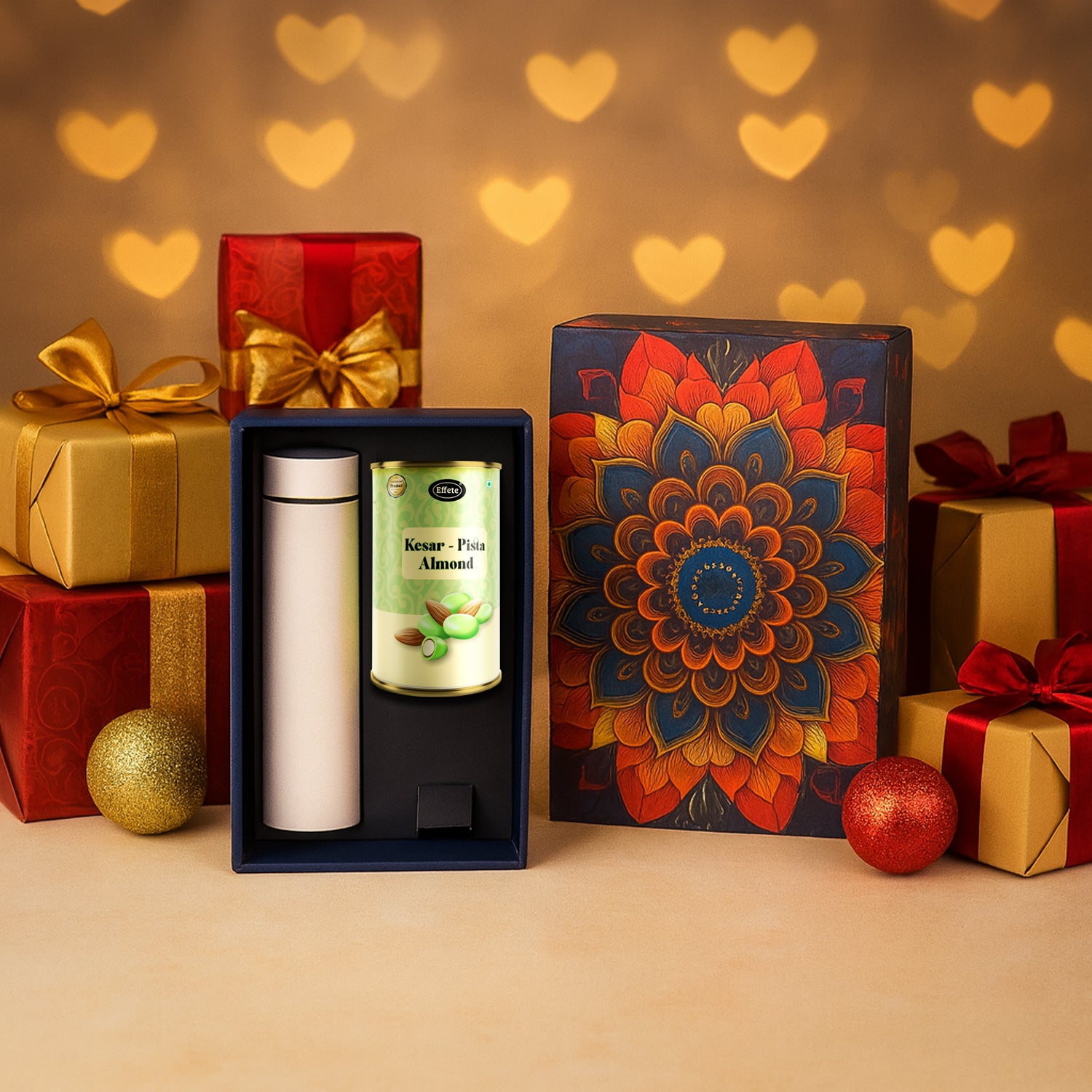 Effete Kesar Pista Almonds Gift Hamper Golden With Bottle (2 Pc Set)