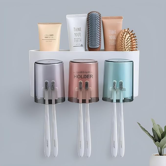 Drpshippr 3-cup tooth rack for home and kitchen, wall-mounted toothbrush holder with space for three toothbrushes and toothpaste.