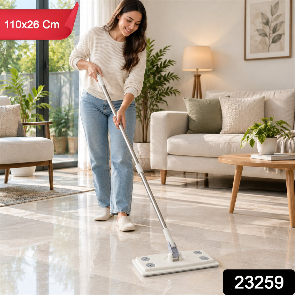Wukusy rotating flat mop with sectional rod and cloth clips, 110x26 cm, for efficient cleaning with microfiber cloth attached.
