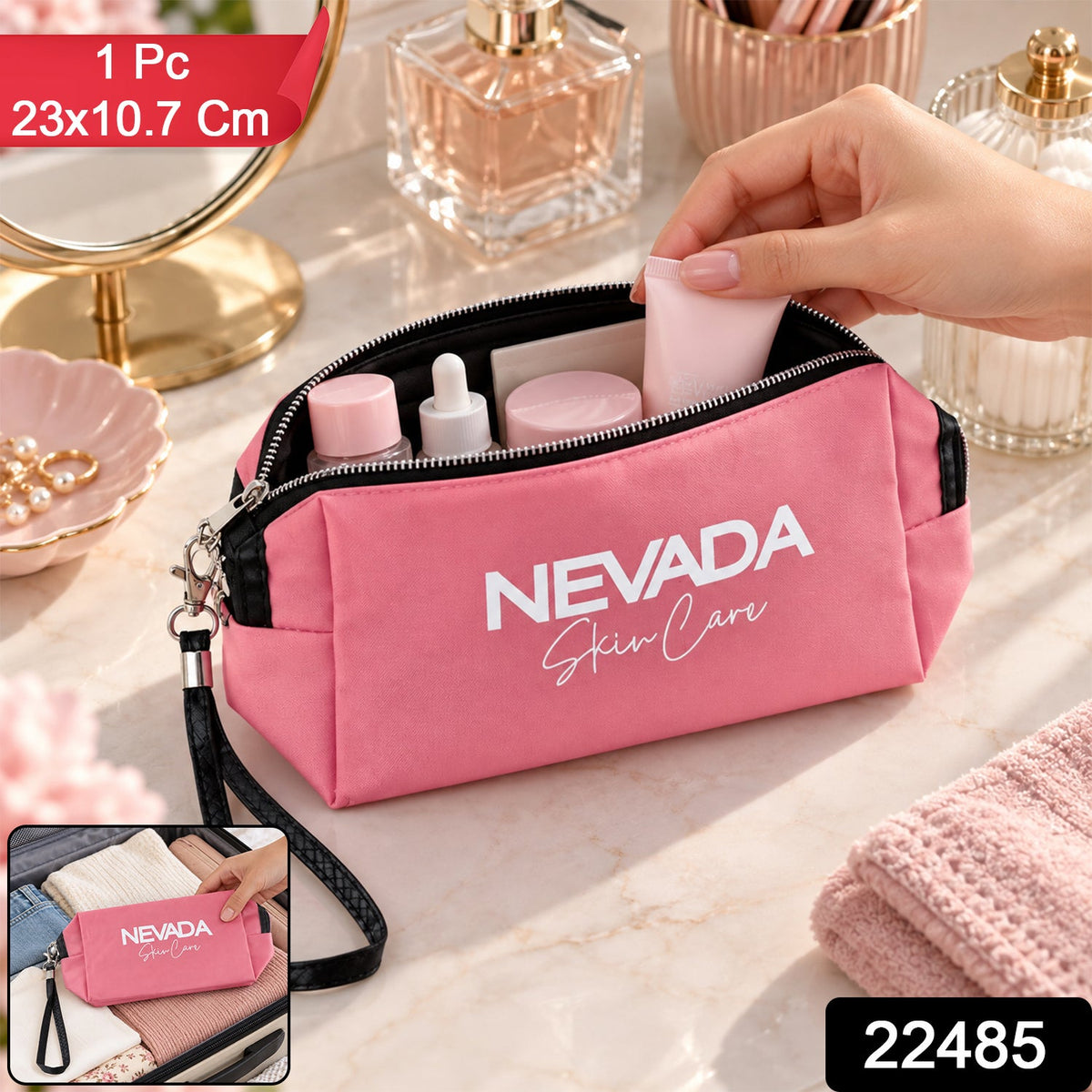 Wukusy cosmetic pouch with zipper closure and detachable wrist strap, 23x10.7 cm, showing a black fabric bag with silver zipper.