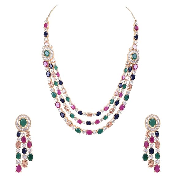 Diamond Fashion Jewellery Red Green Blue White Multi Layer Necklace Set with Earring for Women/Girls