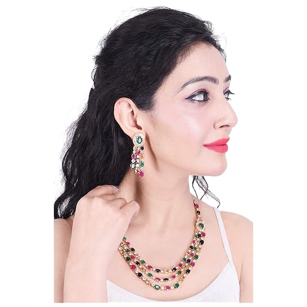 Diamond Fashion Jewellery Red Green Blue White Multi Layer Necklace Set with Earring for Women/Girls