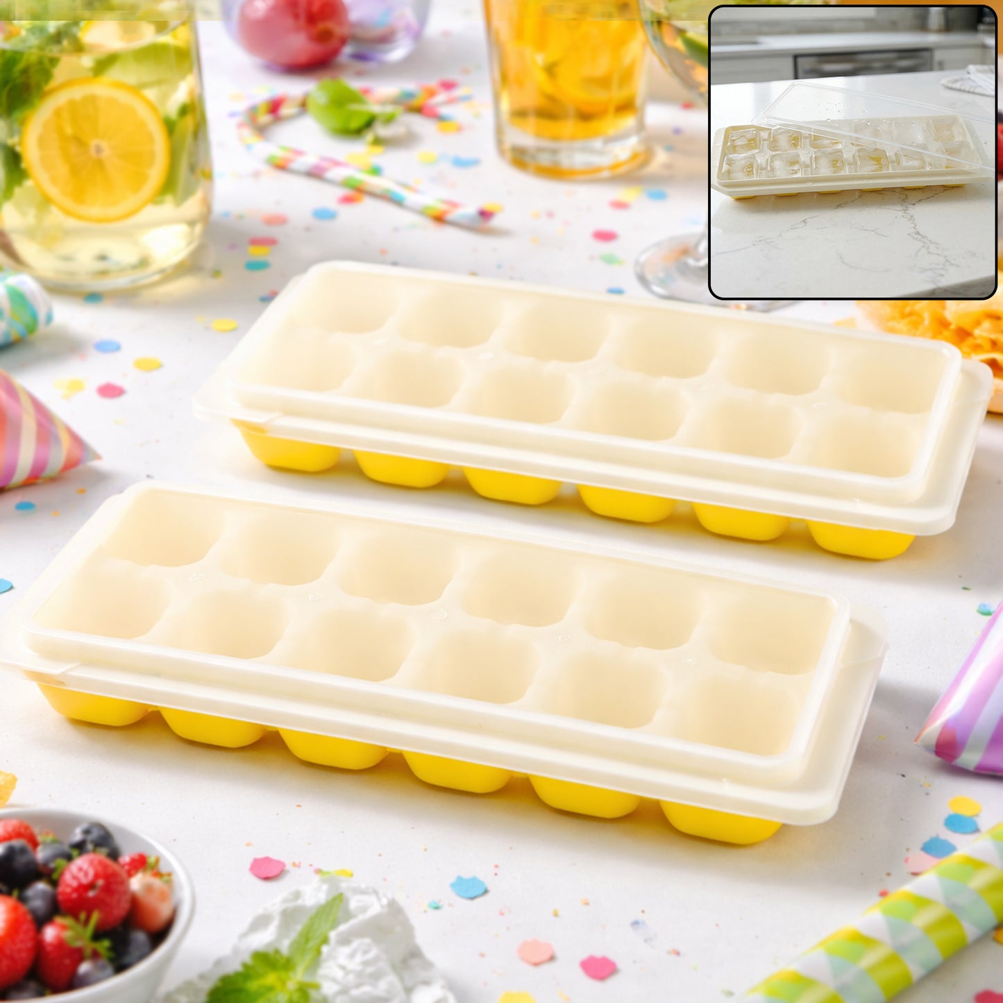 24 Grid Pop Up Ice Cube Tray Set With Lid (2 Pc Set)
