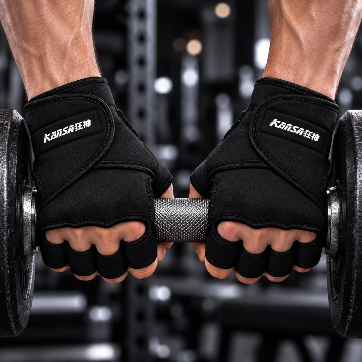 Wukusy half finger gym gloves with padded palms for weight lifting and training, shown in the image.