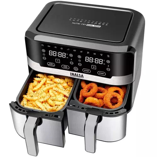 Seasons Inalsa Nutri Fry Dual Zone air fryer with 10L capacity, digital display, 2100W power, and sleek design.
