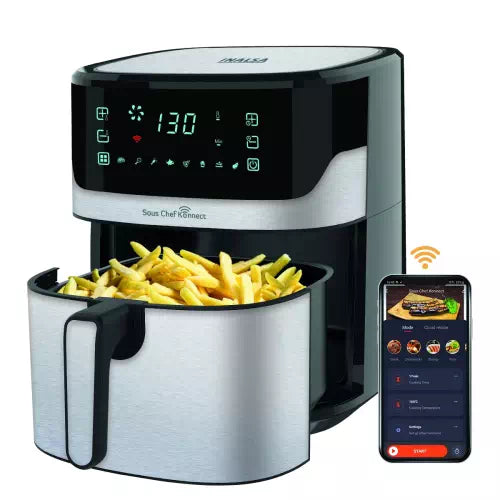 Seasons Inalsa Sous Chef Konnect 1600W digital Wi-Fi air fryer with 6.5L large capacity, black finish and digital control panel.