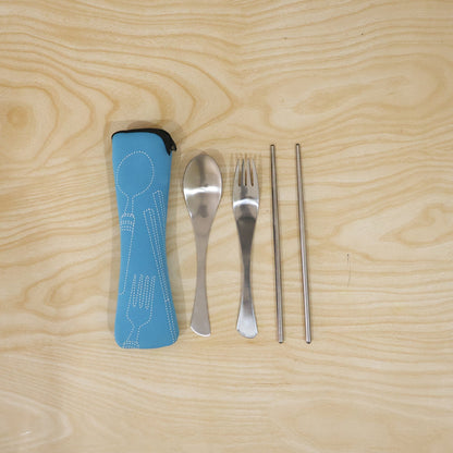 4-in-1 Portable Cutlery Set With Pouch Steel Spoon Fork And Chopsticks (1 Set)