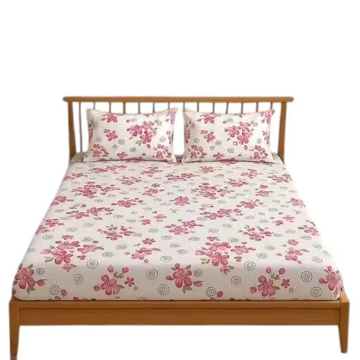 King size floral cotton fitted bedsheet with two pillow covers from Ekom, featuring a vibrant, floral design for a cozy bedroom look.