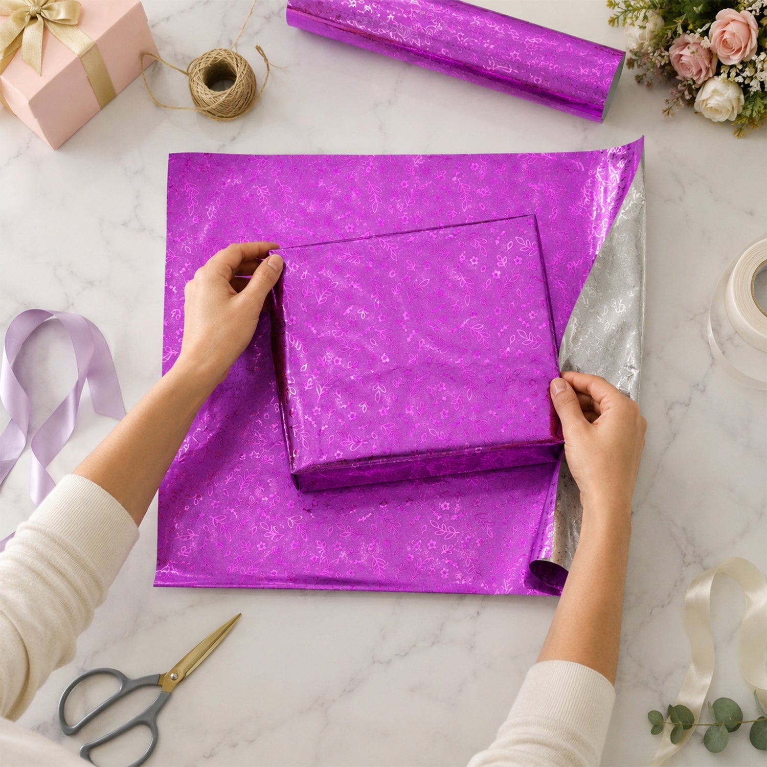 Metallic Floral Gift Wrapping Paper Sheet For Birthday And Festive Gifts (20 Pc Set)