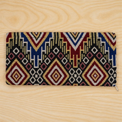 Wukusy traditional geometric woven clutch wallet with zipper, measuring 25x12 cm, showcasing colorful woven pattern and compact design.