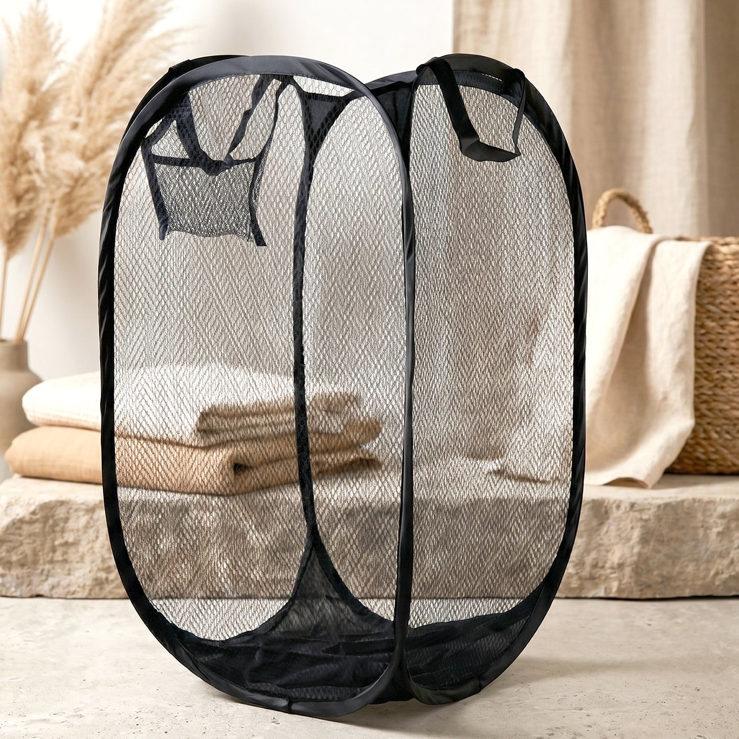Wukusy collapsible mesh laundry hamper with handles, portable clothes storage basket in gray, 34x34x57cm.