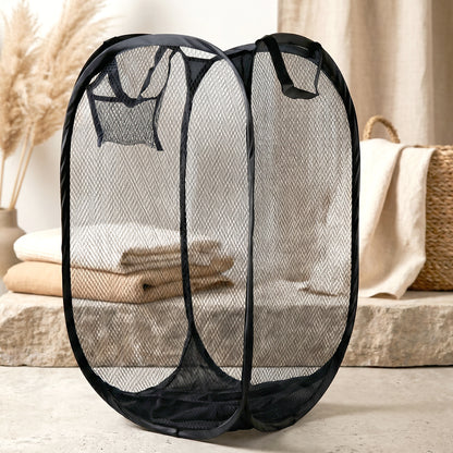 Wukusy collapsible mesh laundry hamper with handles, portable clothes storage basket in gray, 34x34x57cm.