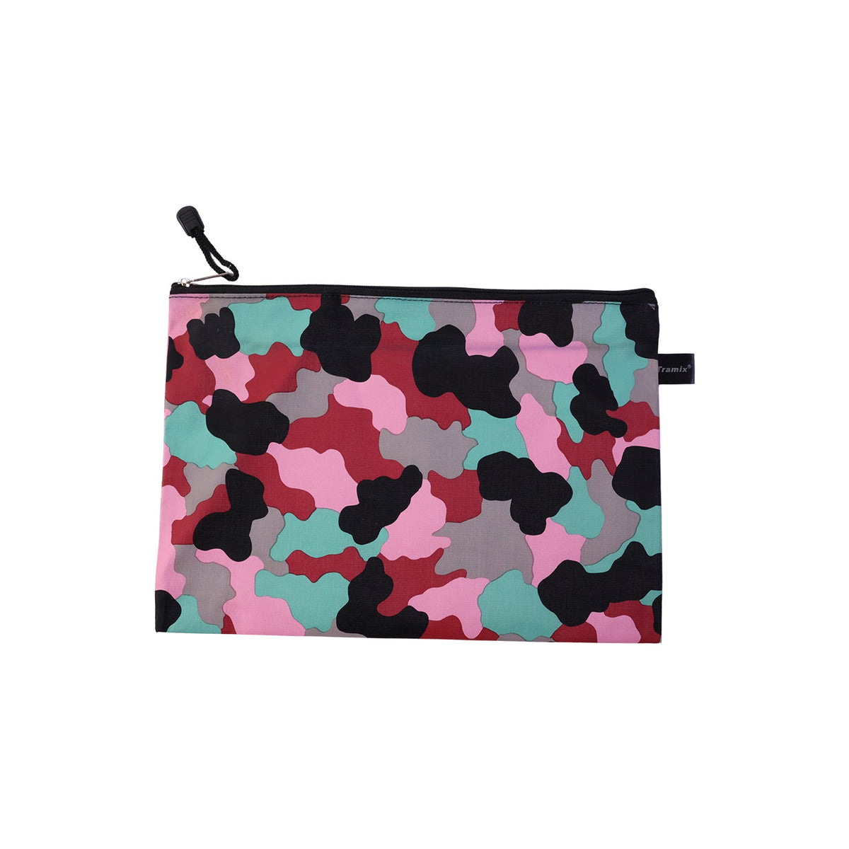 Wukusy printed zipper storage pouch with multiple compartments for makeup, stationery, and travel organization.