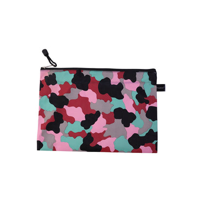 Wukusy printed zipper storage pouch with multiple compartments for makeup, stationery, and travel organization.