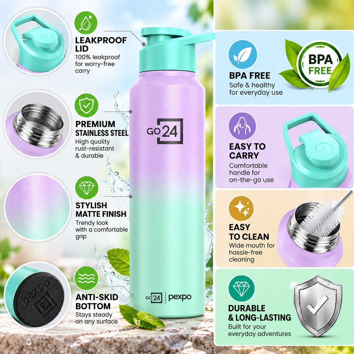 Wukusy stainless steel water bottle with carry loop, 1000ml capacity, suitable for office and travel use