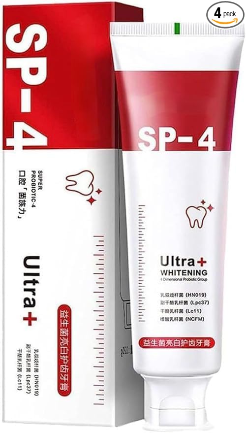 Dropdash Sp-4 probiotic whitening toothpaste pack of 2 showing the tube with natural ingredients and bright smile benefits.