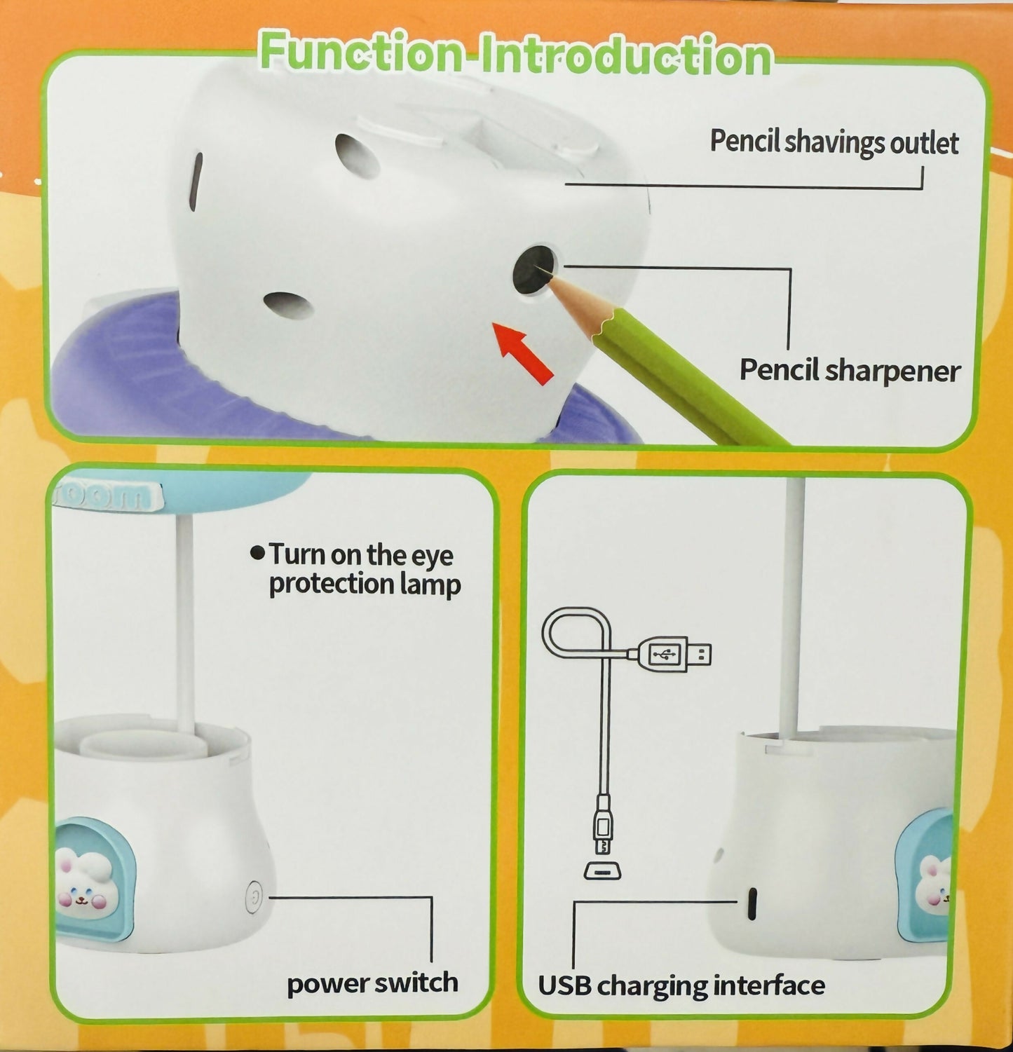 Mushroom LED Desk Lamp with Pencil Sharpener & USB Charging (Color may vary)