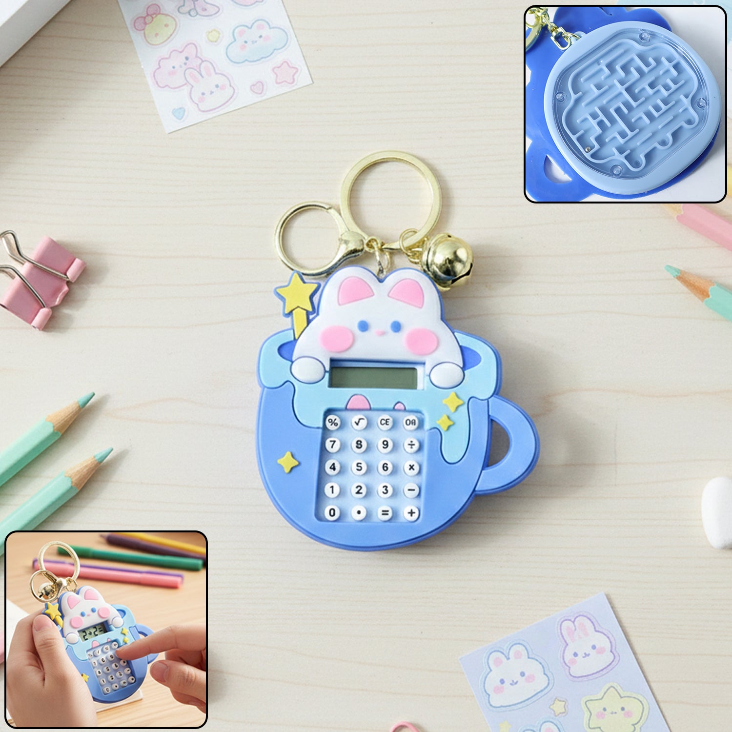 Wukusy cute cartoon bunny calculator keychain with mini digital display, featuring a charming bunny design and functional calculator.