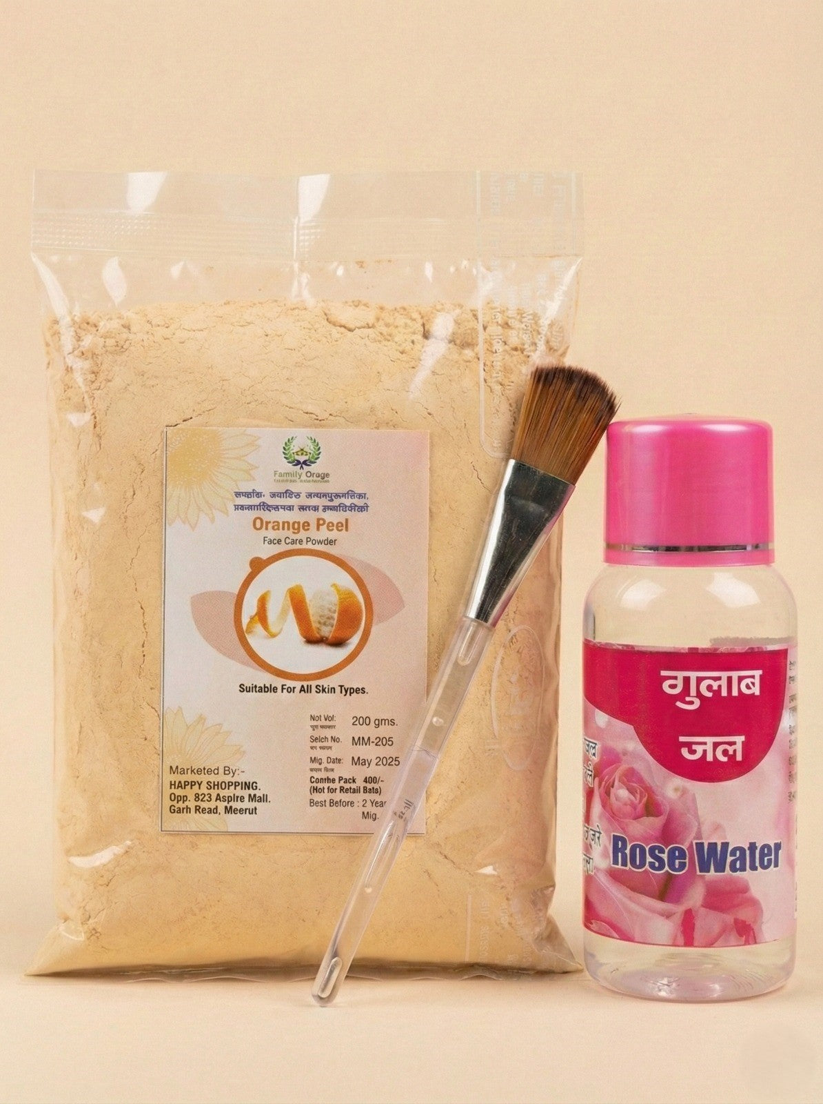 Dropdash Orange Peel Face Pack with Rose Water and brush for skincare, featuring fresh orange peel and floral rose water in a wellness set.