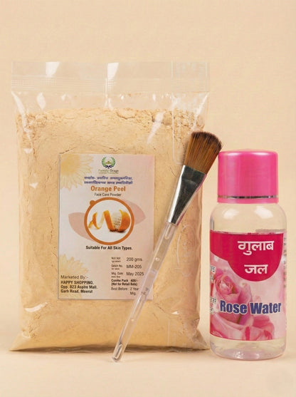 Dropdash Orange Peel Face Pack with Rose Water and brush for skincare, featuring fresh orange peel and soothing rose water in a wellness set.