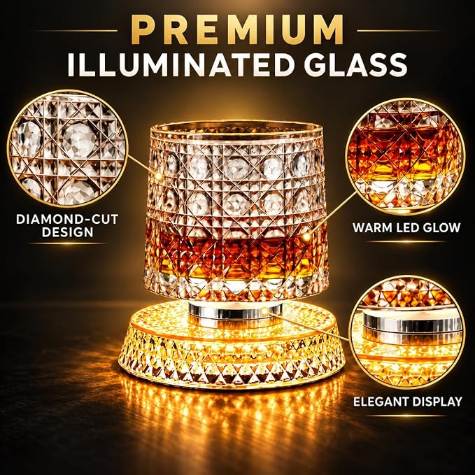 Dropdash 360° spinning whiskey glass with light, featuring religious and spiritual designs, perfect for elegant drinkware displays.