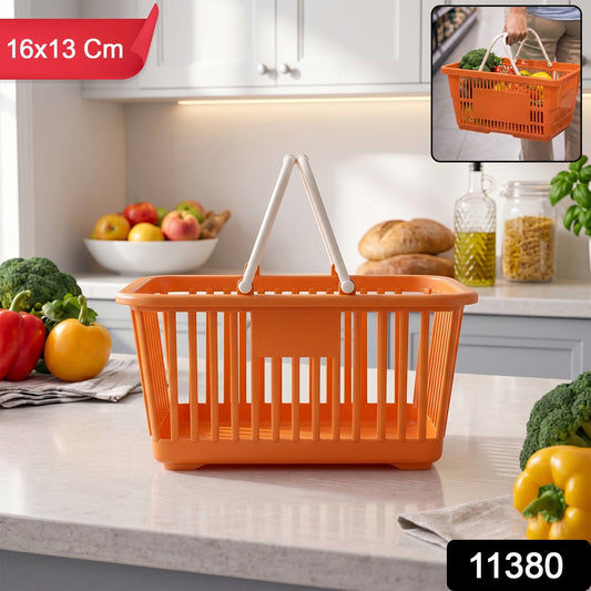 Wukusy plastic storage basket with foldable handles, holding fresh fruits and vegetables, ideal for groceries and kitchen organization.