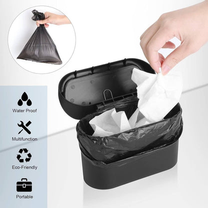 Wukusy mini waterproof car trash can with lid, compact storage bin for organizing trash in vehicle interior.