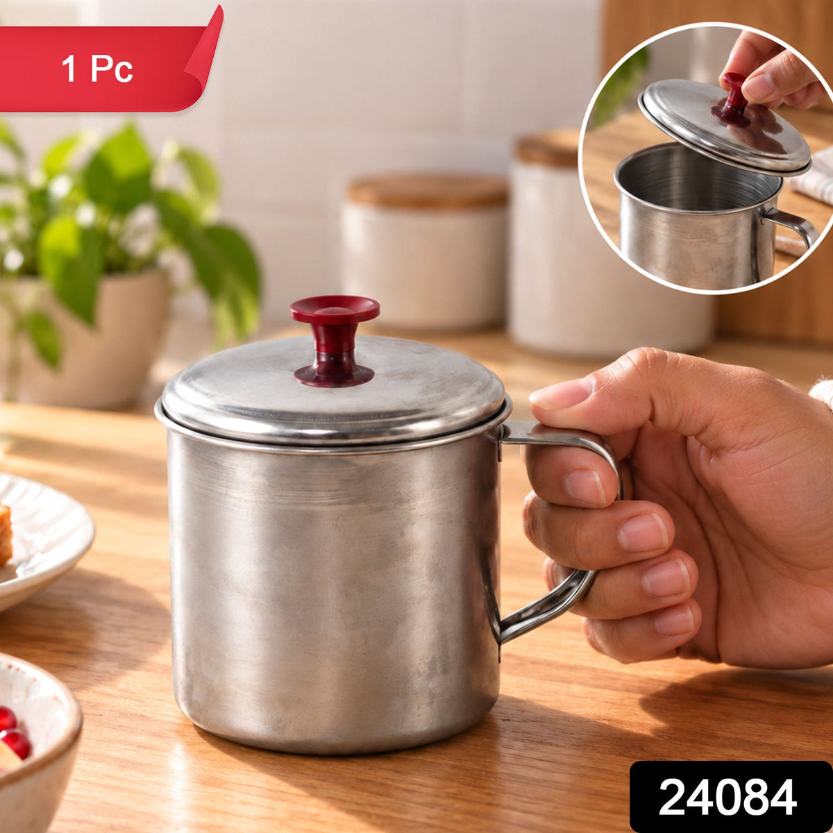 Wukusy stainless steel tea and coffee mug with handle and lid, shiny metallic finish, suitable for hot beverages and travel.
