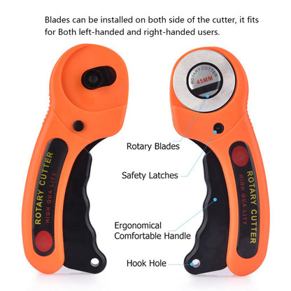 Wukusy 9048 manual sewing roller cutter rotary blade for fabric cutting, hardware tool with sharp circular blade in a close-up view.