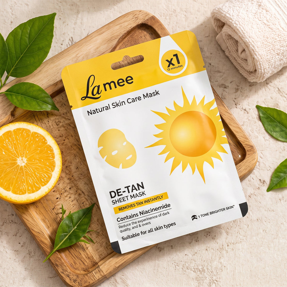 Wukusy De Tan facial sheet mask with niacinamide, hydrating skin care mask shown on a user's face in a beauty setting