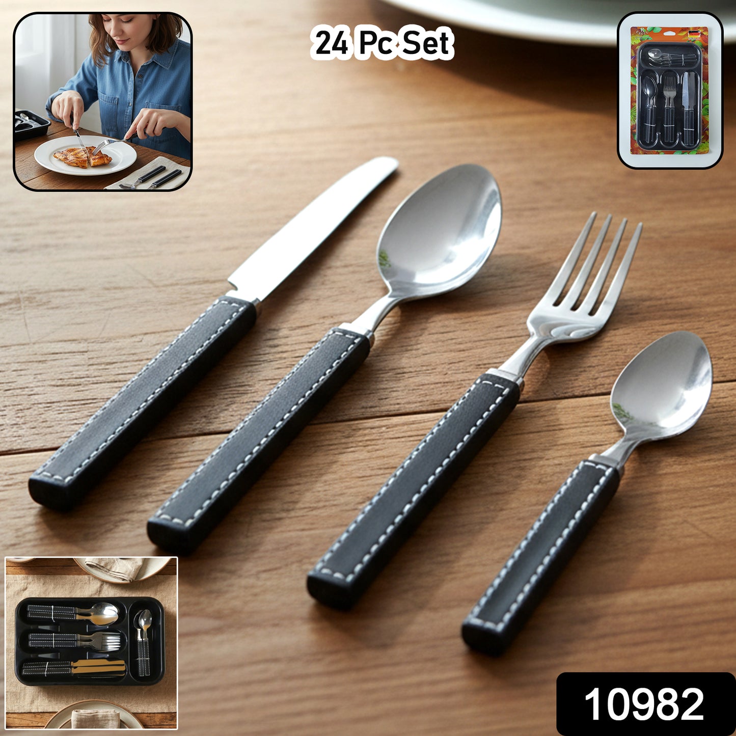 Wukusy 24-piece stainless steel cutlery set with plastic handles and tray, includes knives, forks, spoons, and serving utensils