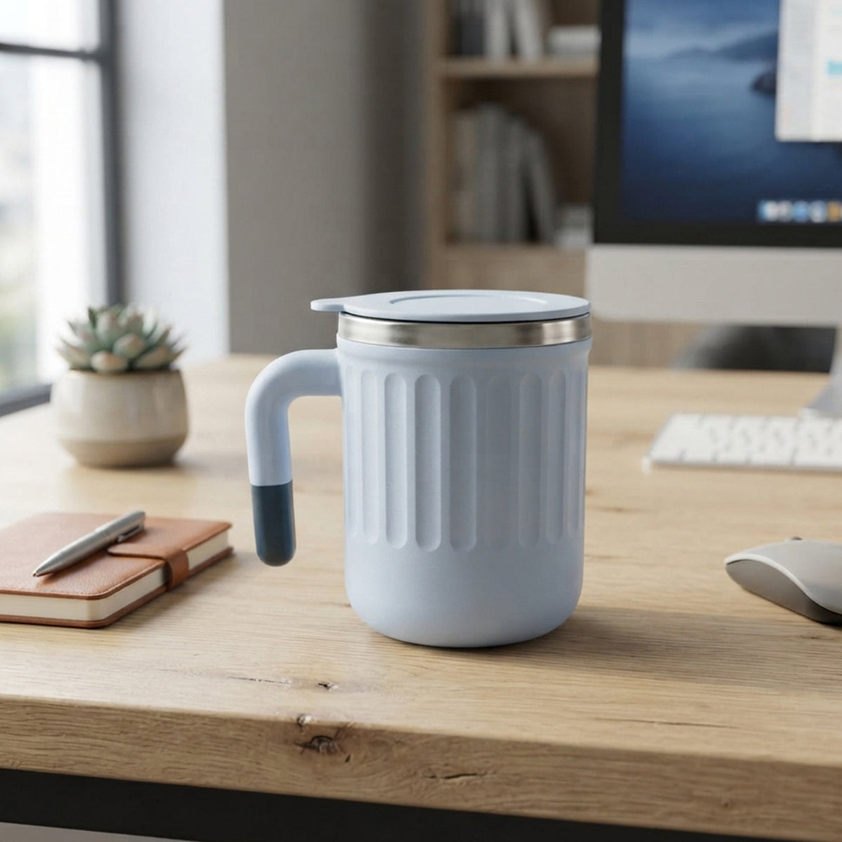 Wukusy Apex Office Mug 400ml with handle, lid, and steel rim for coffee, featuring a sleek ceramic design.