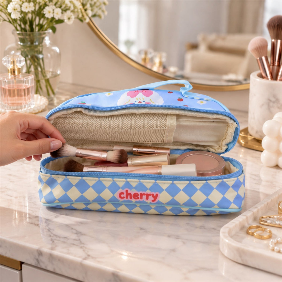 Wukusy printed zipper pouch with top handle, ideal for makeup or stationery, featuring colorful design on 24x15 cm fabric.