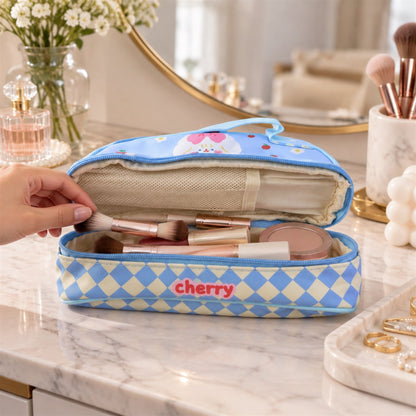 Wukusy printed zipper pouch with top handle, ideal for makeup or stationery, featuring colorful design on 24x15 cm fabric.