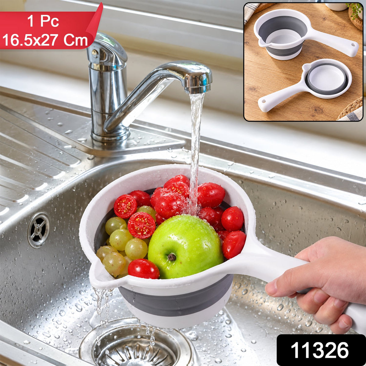 Wukusy collapsible water scoop with long handle and pouring spout, 16.5x27 cm, shown in a compact, open position.