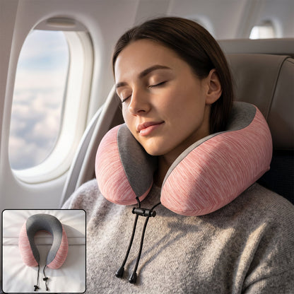 U Shaped Travel Neck Pillow Pink Grey With Drawstring Toggle (1 Pc)
