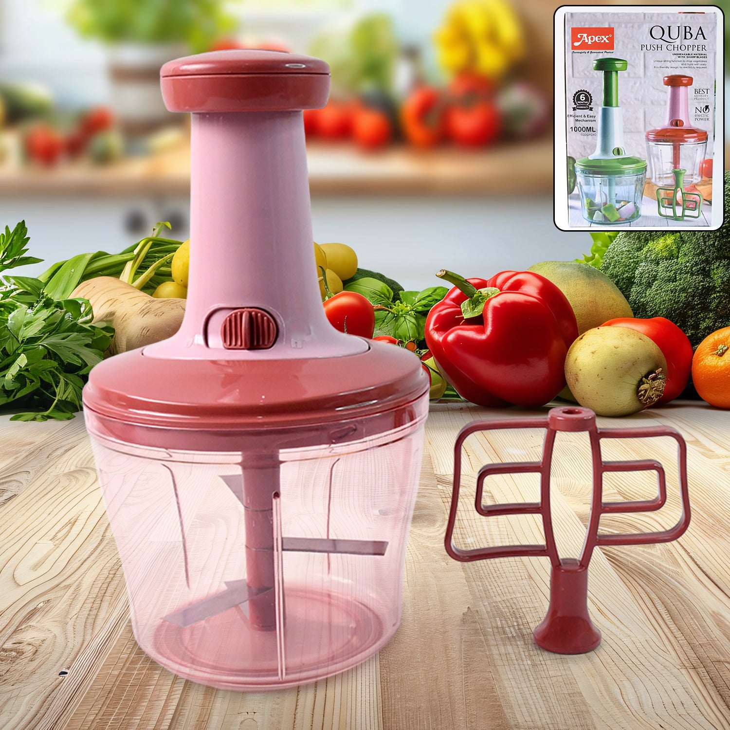 Wukusy Apex Quba push chopper with stainless steel blades and 1000ml capacity for efficient vegetable and herb chopping.