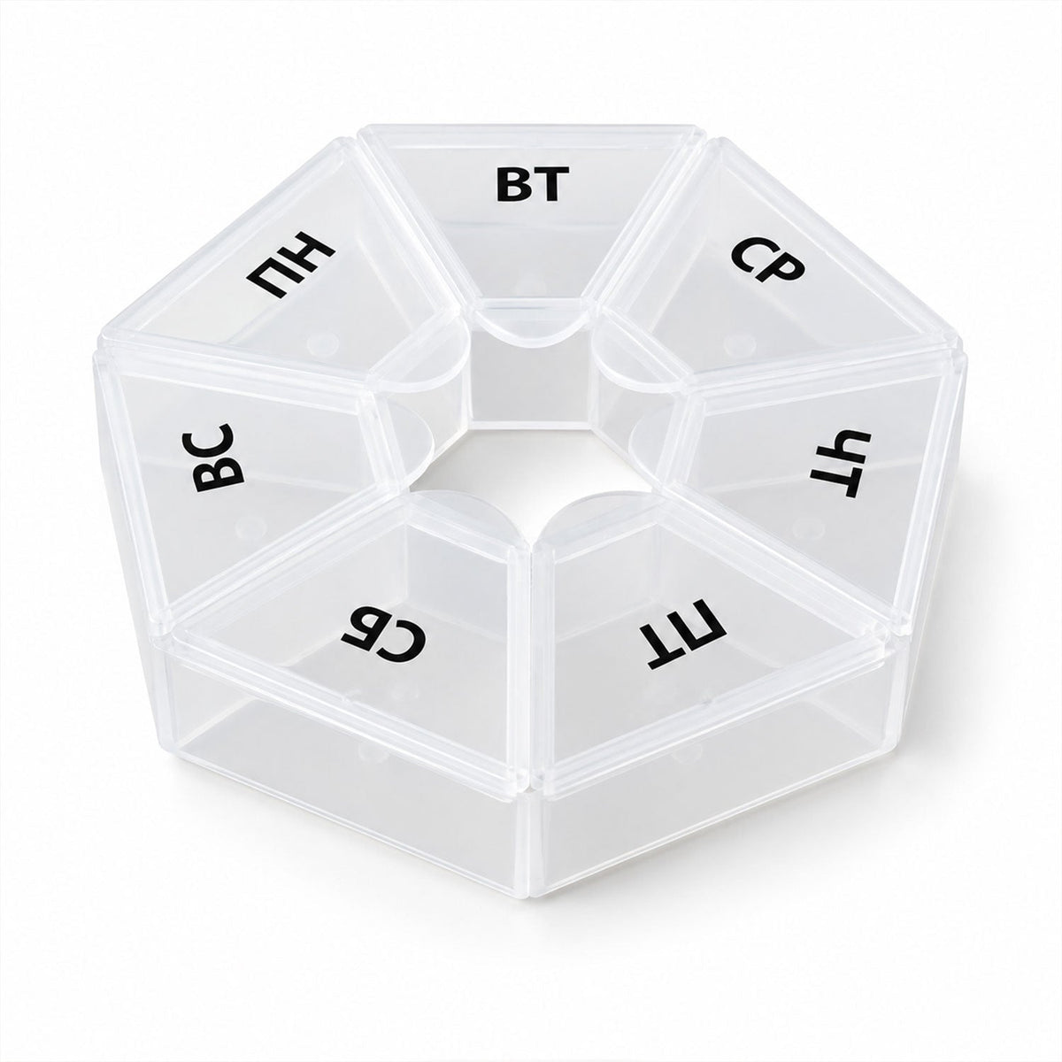Wukusy medicine pill box with seven compartments and clear flip lids for weekly travel storage, compact and portable.