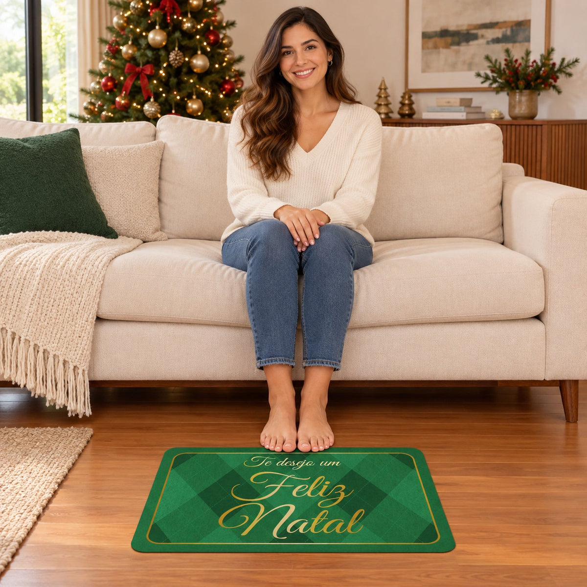 Green Christmas argyle bath mat by Wukusy, absorbent door rug with festive design, 60x40 cm for holiday bathroom decor.