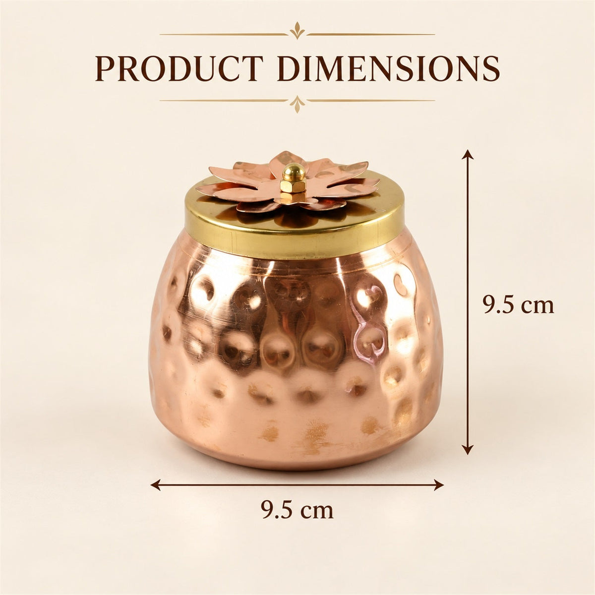 Copper finish storage jar with flower lid from Wukusy, ideal for dry fruits and home decor, featuring a decorative floral lid.