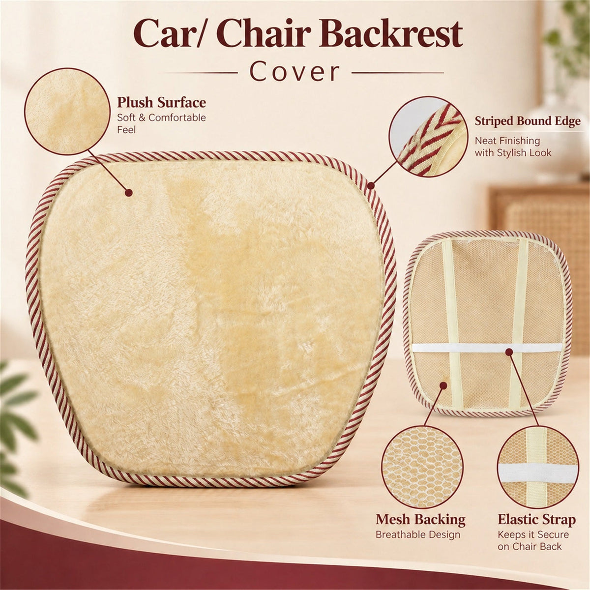 Wukusy car seat backrest cover with mesh backing and elastic strap, measuring 43x40 cm, for added comfort and protection.