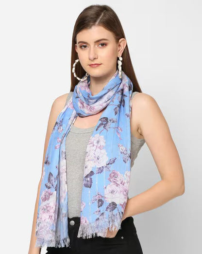 Blue sequins floral printed scarf by Dropdash, featuring shimmering sequins and vibrant floral design, perfect for stylish tops and T-shirts.