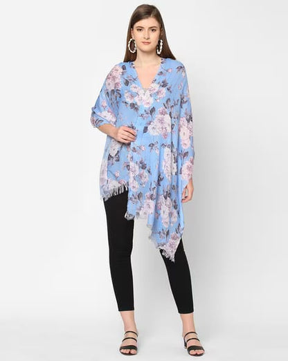 Blue sequins floral printed scarf from Dropdash, featuring vibrant floral patterns and shimmering sequin details.