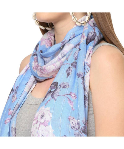 Blue floral printed scarf with shimmering sequins, designed for stylish tops and T-shirts by Dropdash.