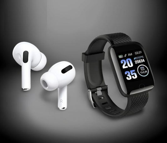 Pair of Drpshippr Bluetooth wireless earbuds and smart watch in assorted colors, compact and stylish wearable tech for everyday use.