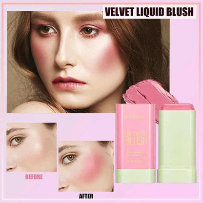 Drpshippr 3-in-1 blush stick for cheeks, lips, and eyes, with moisturizing formula suitable for all skin tones, shown on skin.