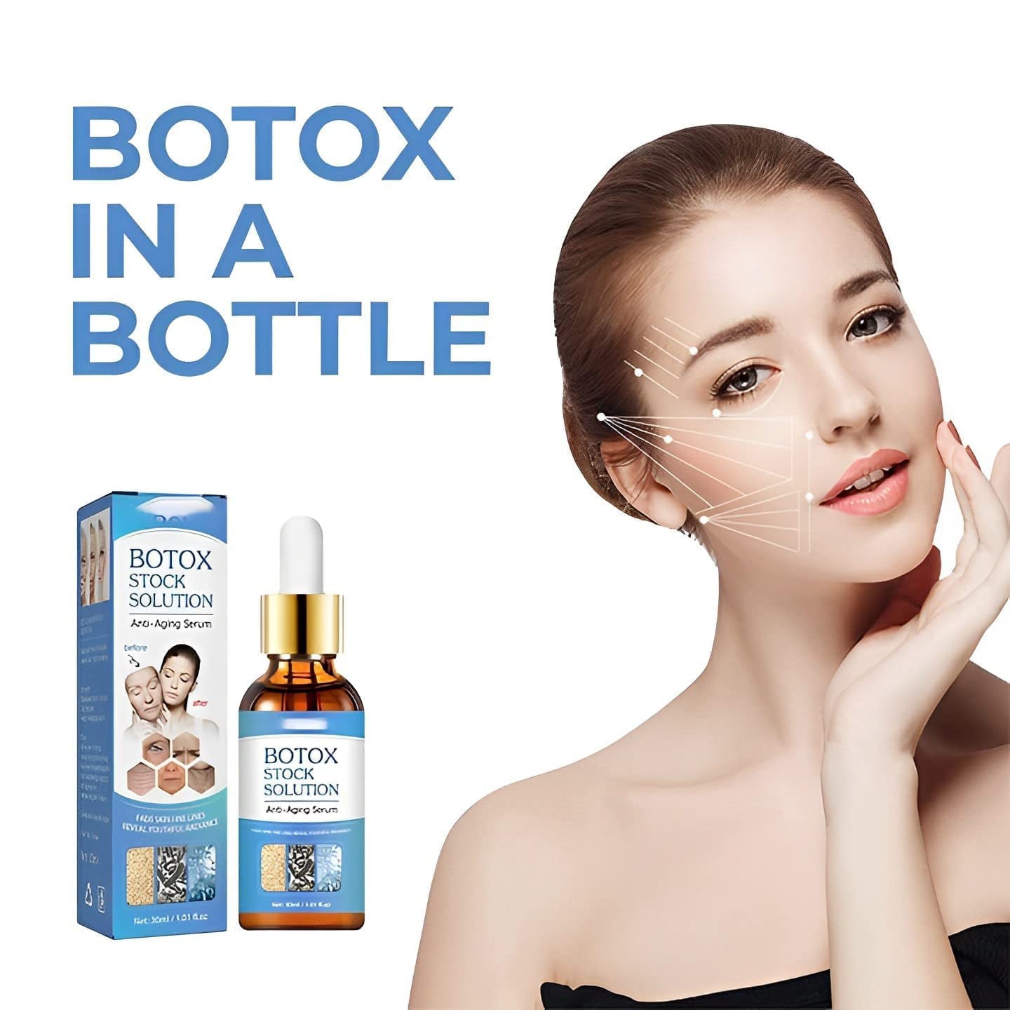 Drpshippr Botox Face Serum with facial solution and instant face lift cream, showing the sleek serum bottle and application details.