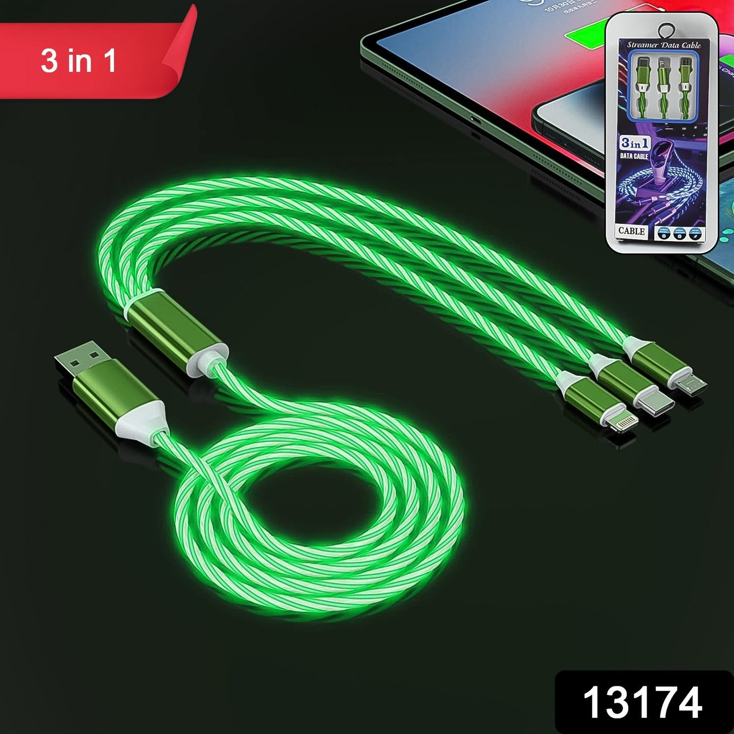 Wukusy 3-in-1 charging cable with illuminated fast charger for multiple devices, showing the cable with LED light in a close-up image.